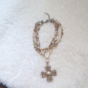Elegant Multi-Strand Beaded Necklace with Cross Pendant Boho